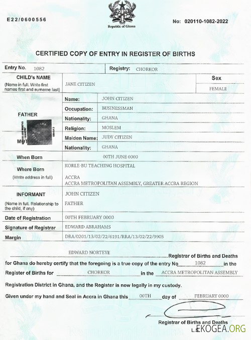 Modèle d'acte de naissance du Ghana au format PSD